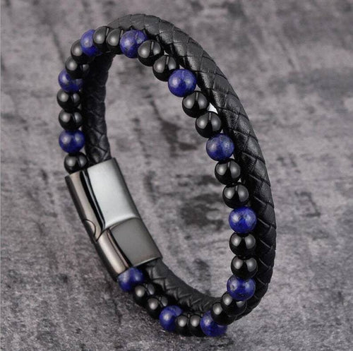 Natural Lapis Lazuli Obsidian 2 Strands Leather Reiki Strength Men Bracelet Gift