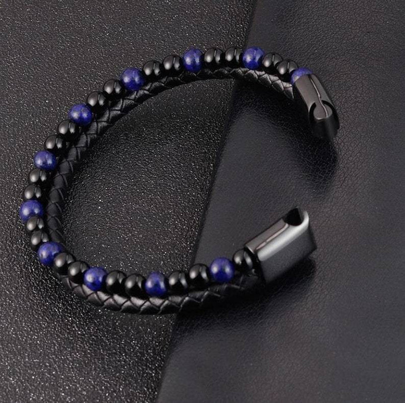 Natural Lapis Lazuli Obsidian 2 Strands Leather Reiki Strength Men Bracelet Gift