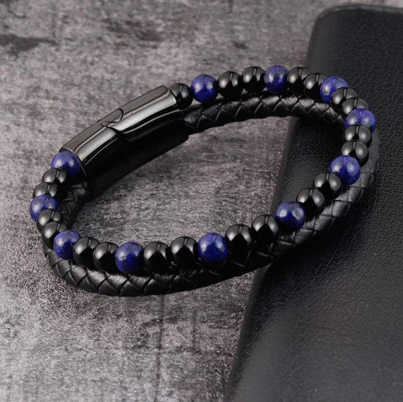 Natural Lapis Lazuli Obsidian 2 Strands Leather Reiki Strength Men Bracelet Gift